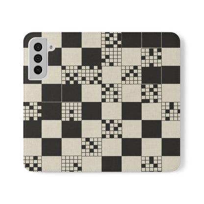 Checkerboard Flip Phone Case – Retro Black & Cream Geometric Wallet Case