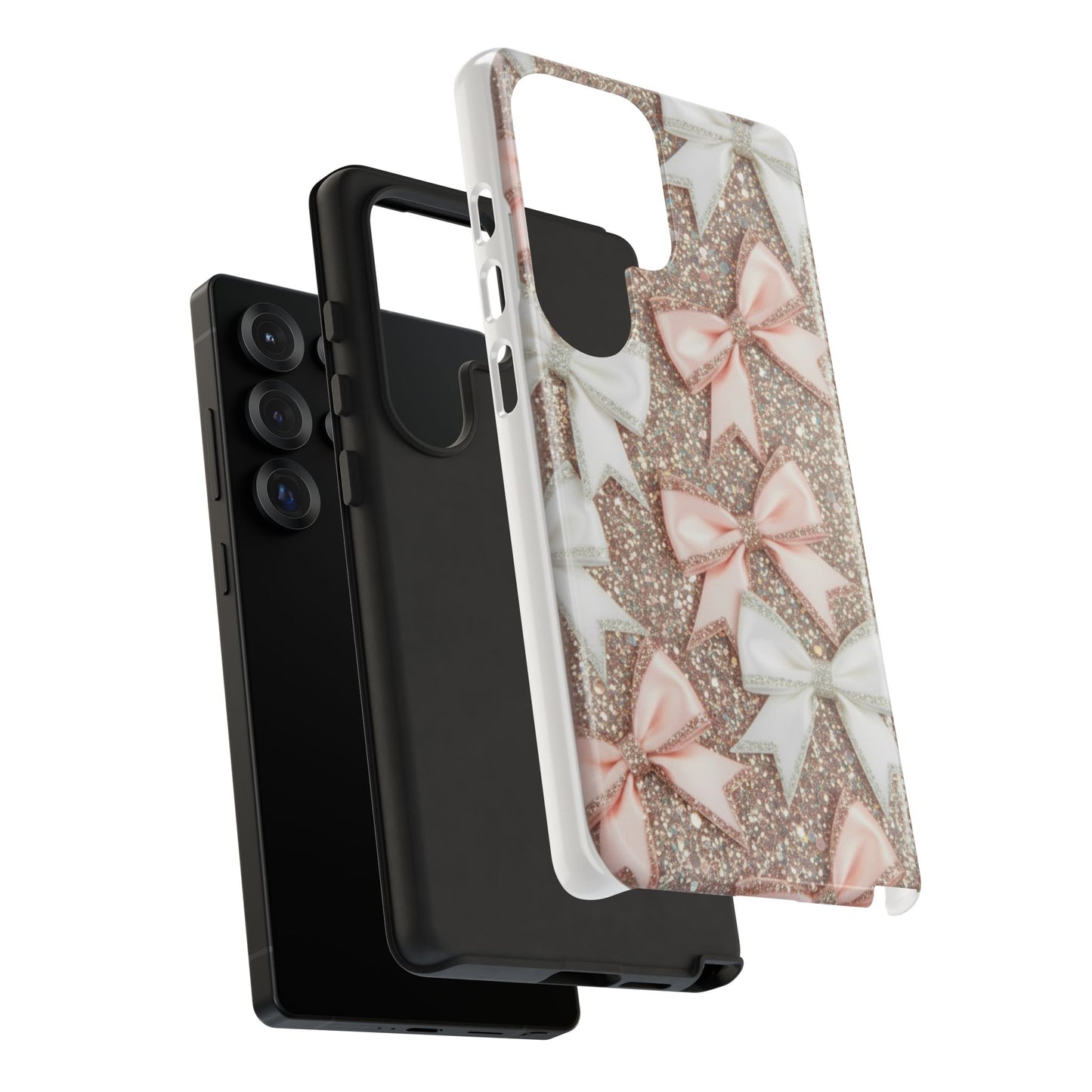 Glitter Bow Tough Phone Case — Pink & White Ribbon Protective Cover