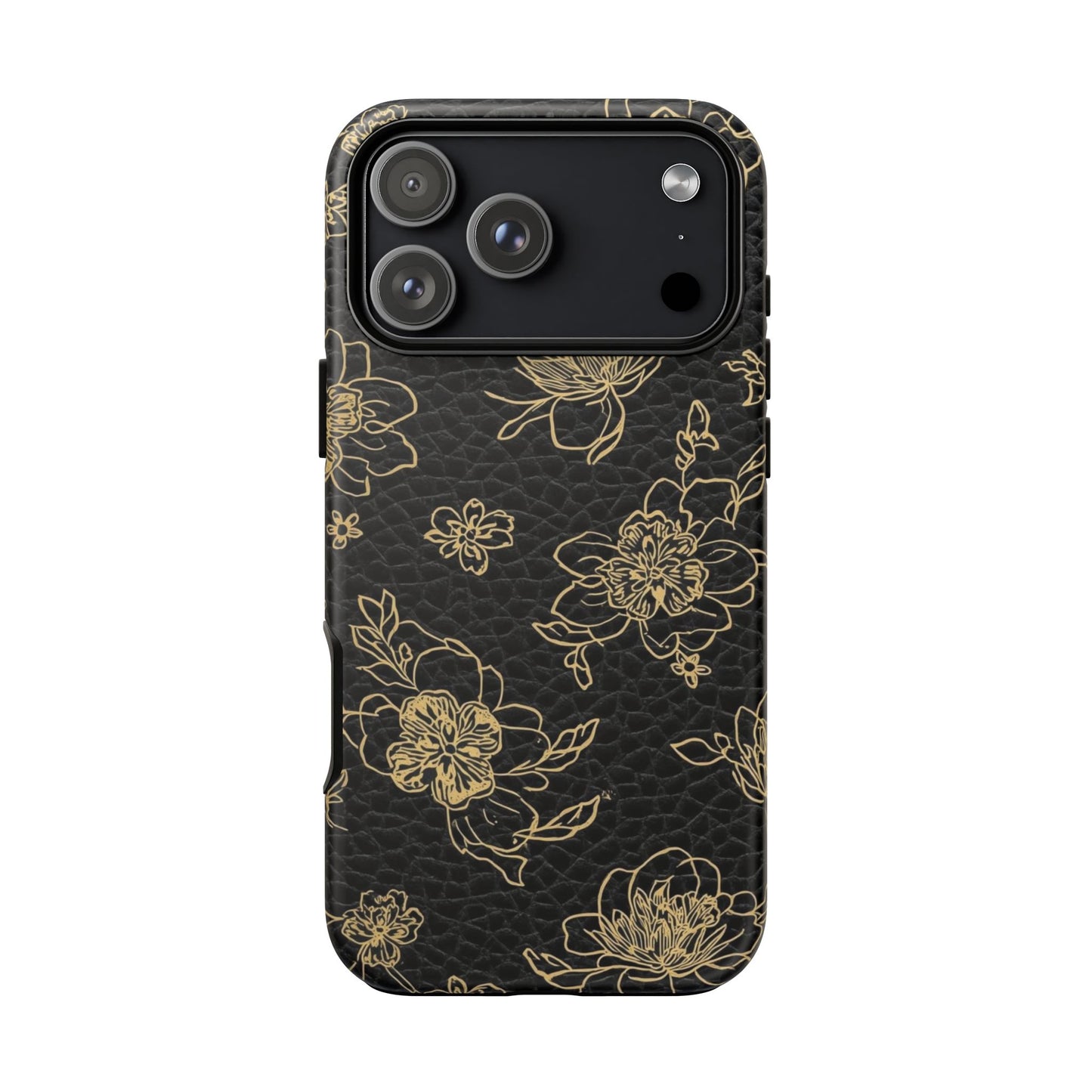 Floral Leather Phone Case — Gold Outline Flowers on Black Tough Case