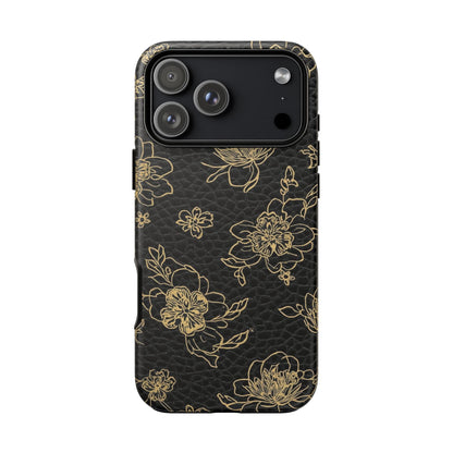 Floral Leather Phone Case — Gold Outline Flowers on Black Tough Case