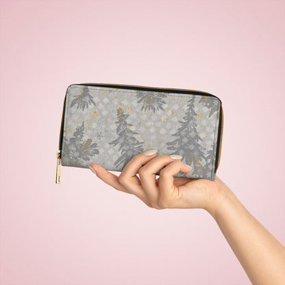 Zipper Wallet — Silver Pine Holiday Zip Wallet with Gold Star Accents