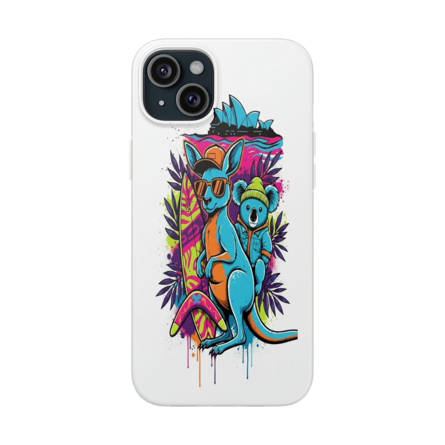 Kangaroo & Koala Surf Phone Case — Neon Aussie Beach Vibes Flexible Case