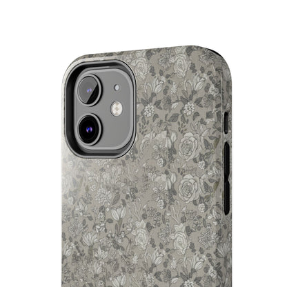 Gray Floral Tough Phone Case — Durable Protective Phone Cover with Vintage Botanical Pattern