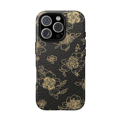Floral Leather Phone Case — Gold Outline Flowers on Black Tough Case