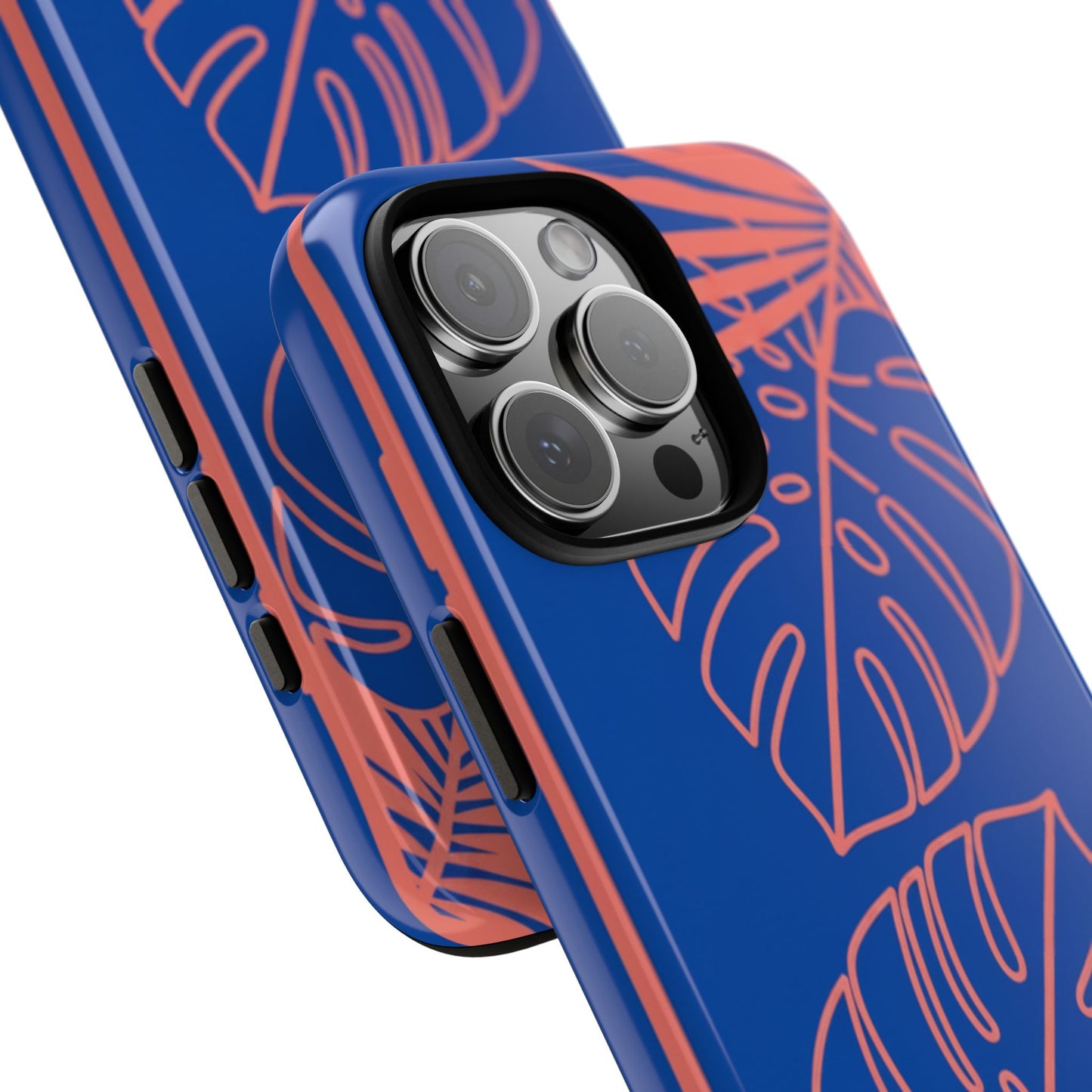 Tropical Monstera Phone Case — Blue & Coral Leaf Protective Cover
