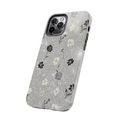 Floral Glitter Tough Phone Case — Black & Silver Vintage Flower Protective Cover