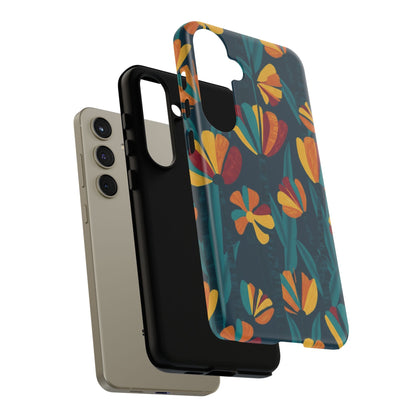 Floral Retro Teal Tough Phone Case — Vibrant Orange & Mustard Blooms