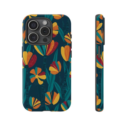 Floral Retro Teal Tough Phone Case — Vibrant Orange & Mustard Blooms