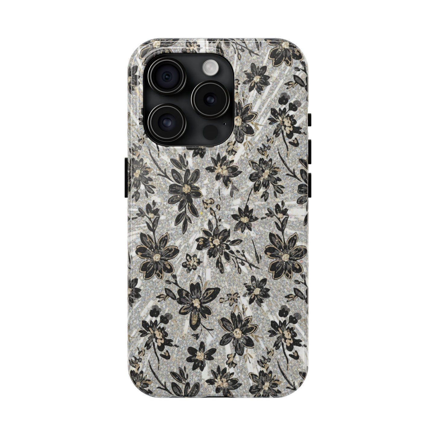 Floral Vintage Tough Phone Case — Black & Gray Rustic Flower Protective Case