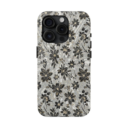 Floral Vintage Tough Phone Case — Black & Gray Rustic Flower Protective Case