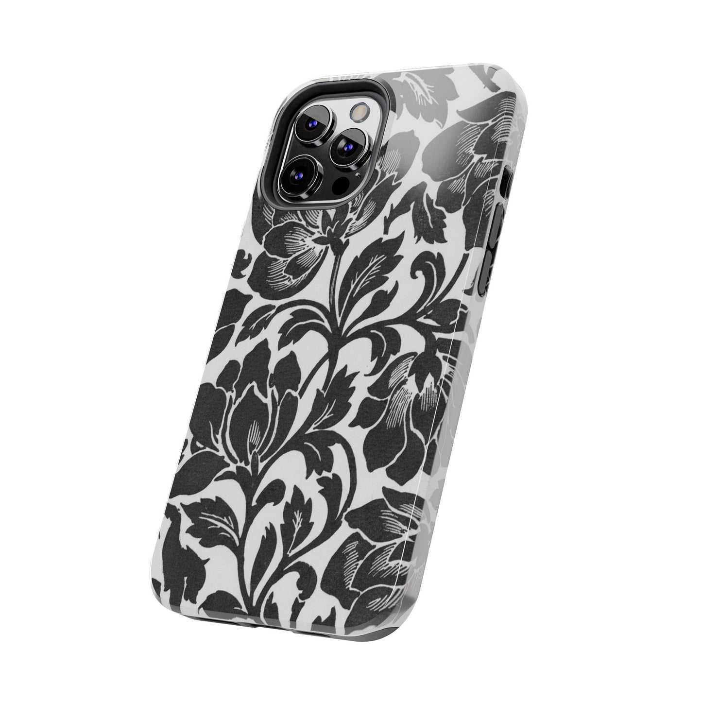 Tough Phone Case — Black & White Vintage Floral Protective Cover