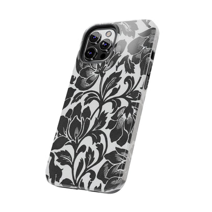 Tough Phone Case — Black & White Vintage Floral Protective Cover