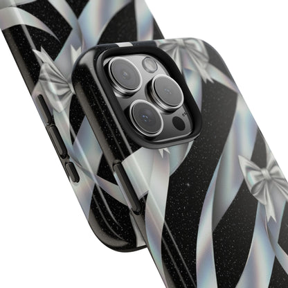 Silver Ribbon Bow Tough Phone Case — Glitter Black Protective Phone Case
