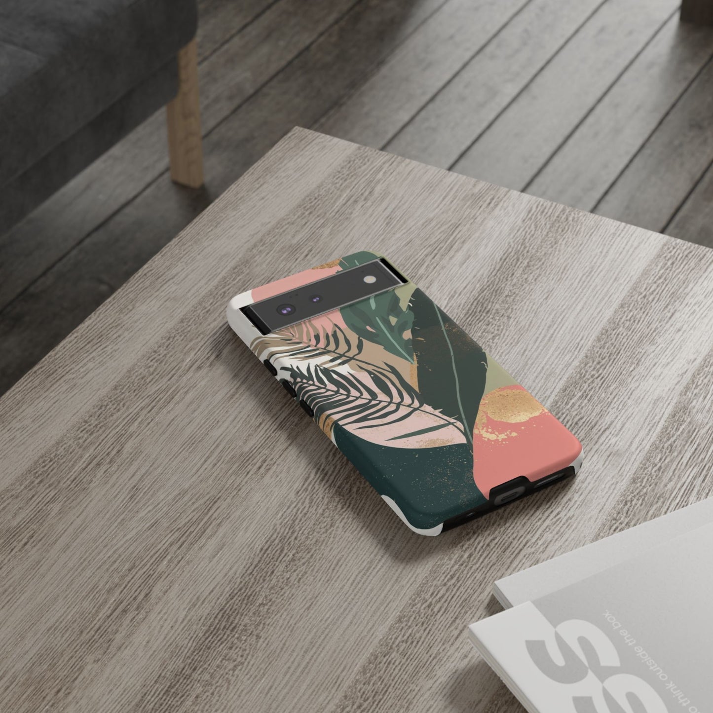 Tropical Leaf Tough Phone Case — Abstract Pink & Green Botanical Protective Cover