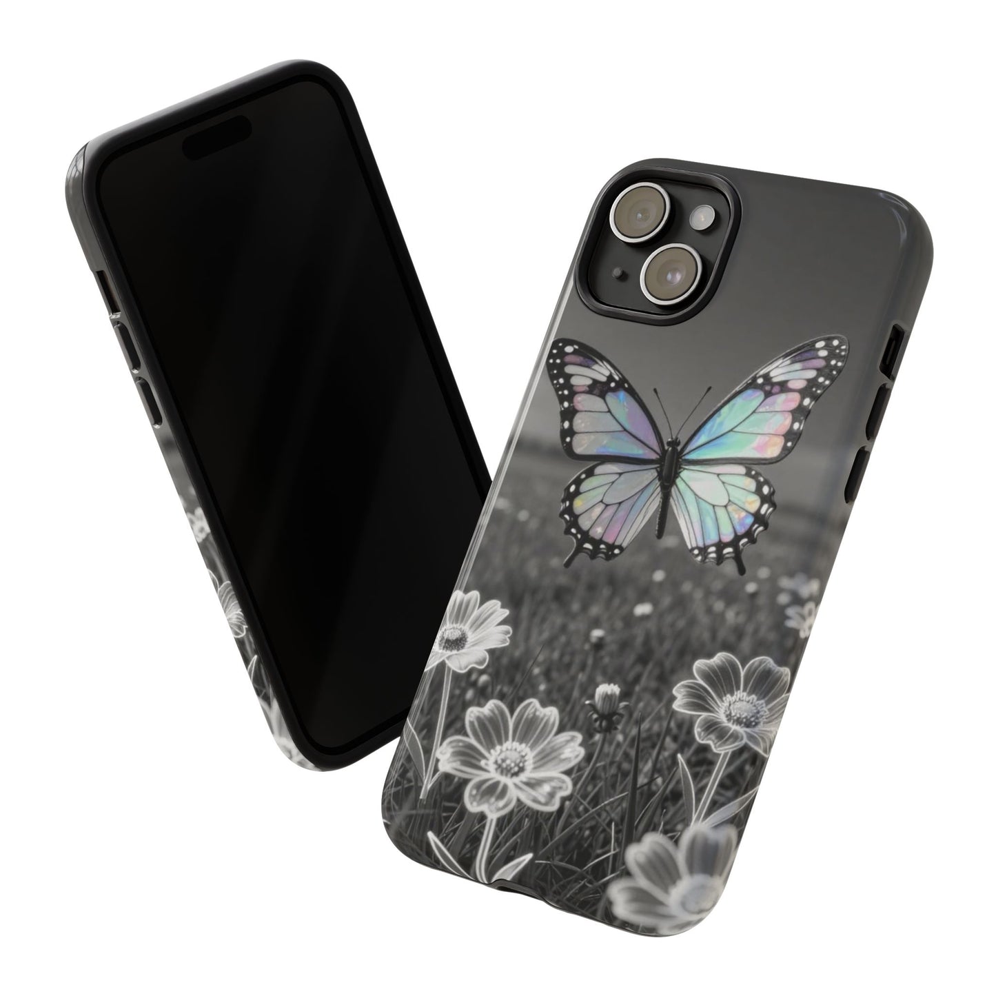 Butterfly Field Tough Phone Case — Pastel Holographic Butterfly on Black & White Floral Background