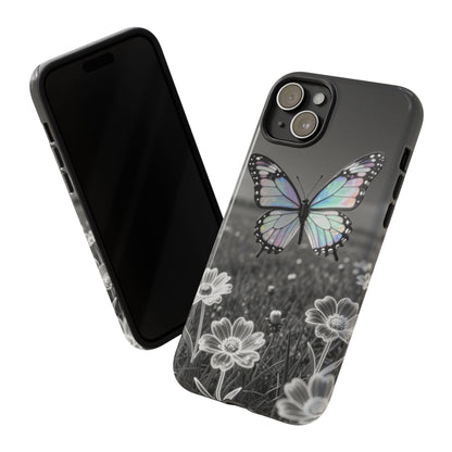 Butterfly Field Tough Phone Case — Pastel Holographic Butterfly on Black & White Floral Background