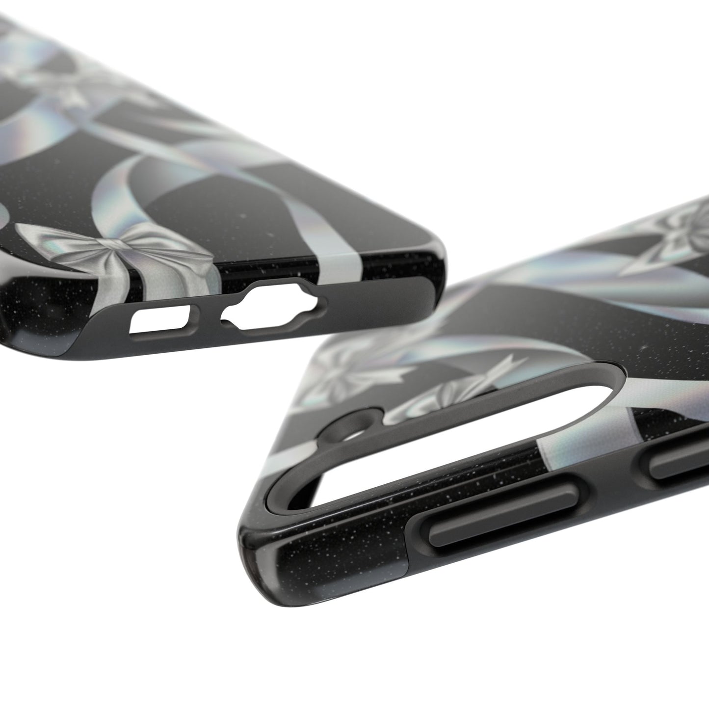 Silver Ribbon Bow Tough Phone Case — Glitter Black Protective Phone Case