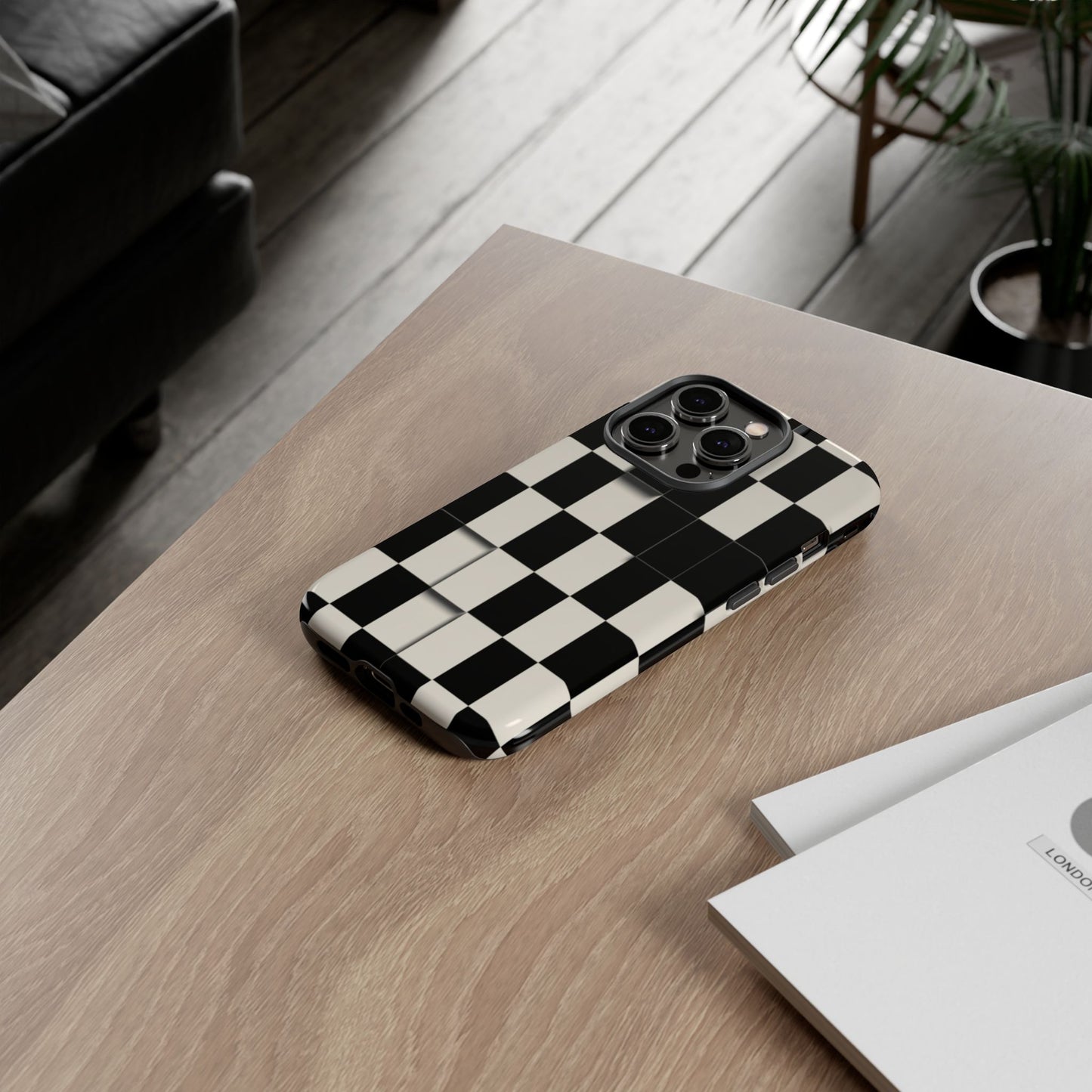 Checkerboard Tough Phone Case — Classic Black & Cream Grid Protective Cover