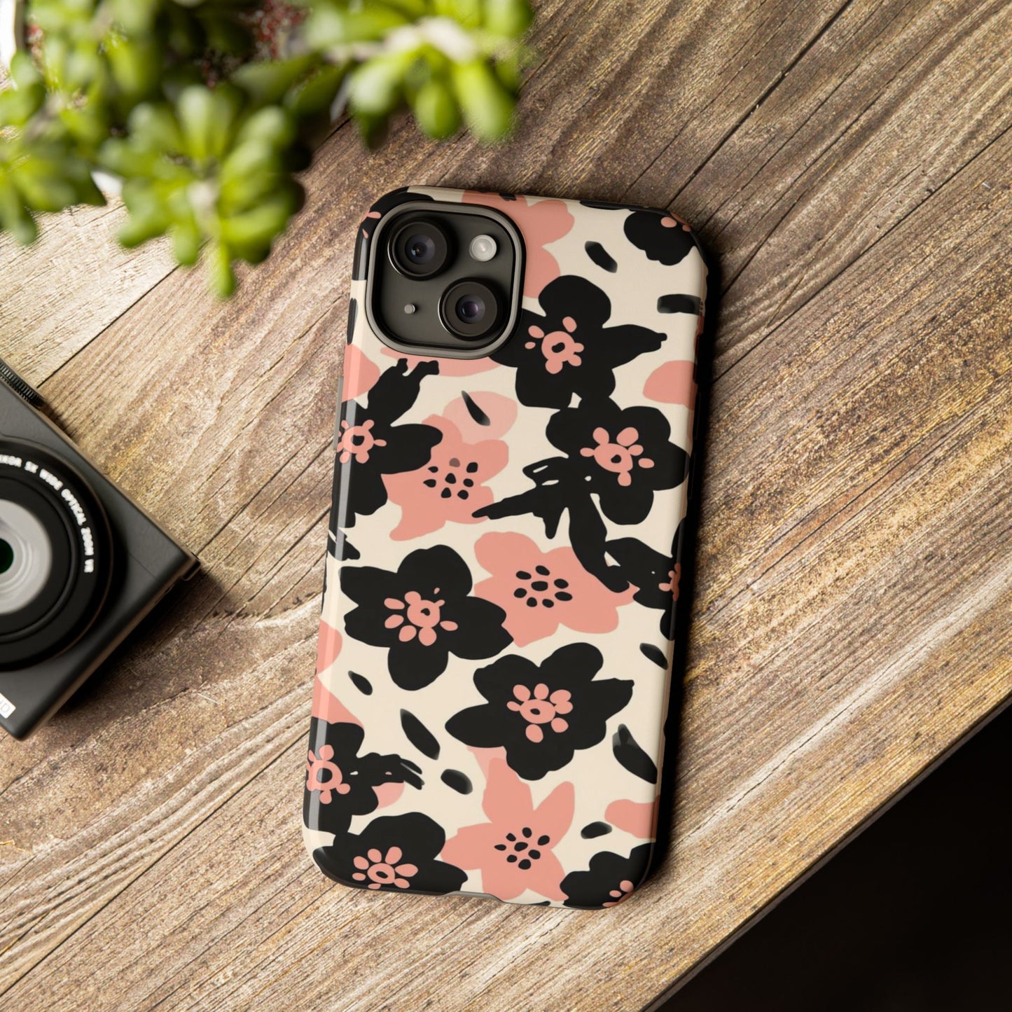 Floral Phone Case — Pink & Black Retro Blossom Protective Cover