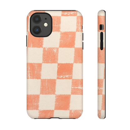Peach Checkerboard Tough Phone Case — Retro Distressed Grid Design