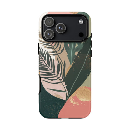 Tropical Leaf Tough Phone Case — Abstract Pink & Green Botanical Protective Cover