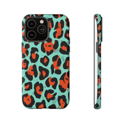 Leopard Print Tough Phone Case — Teal & Rust Protective iPhone Cover
