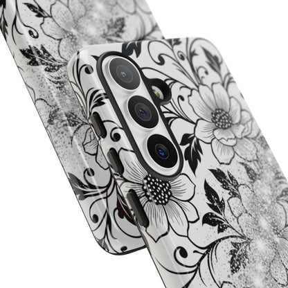 Floral Lace Phone Case — Black & White Vintage Flower Protective Case