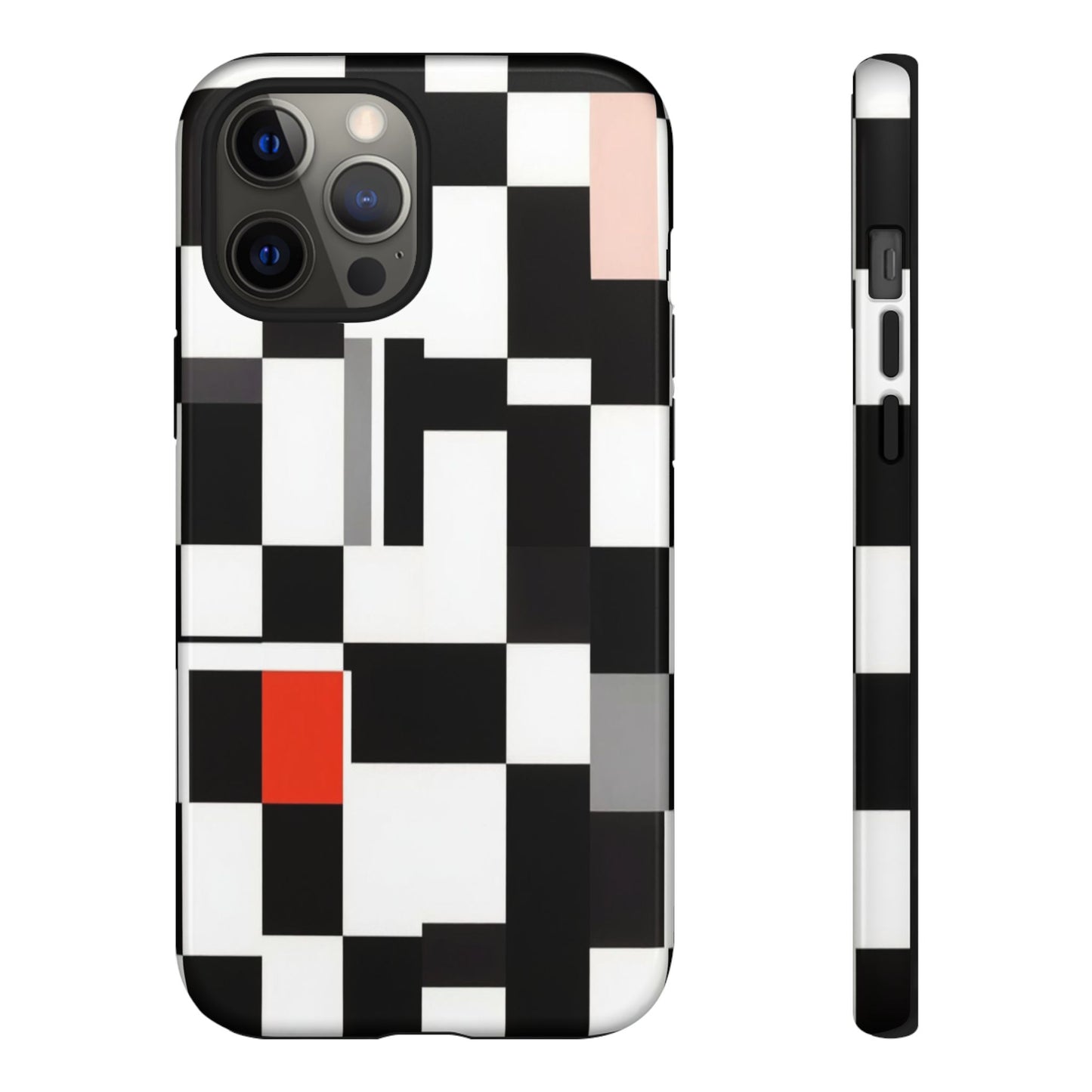 Abstract Geometric Phone Case – Black & White Checker Grid with Red Accent