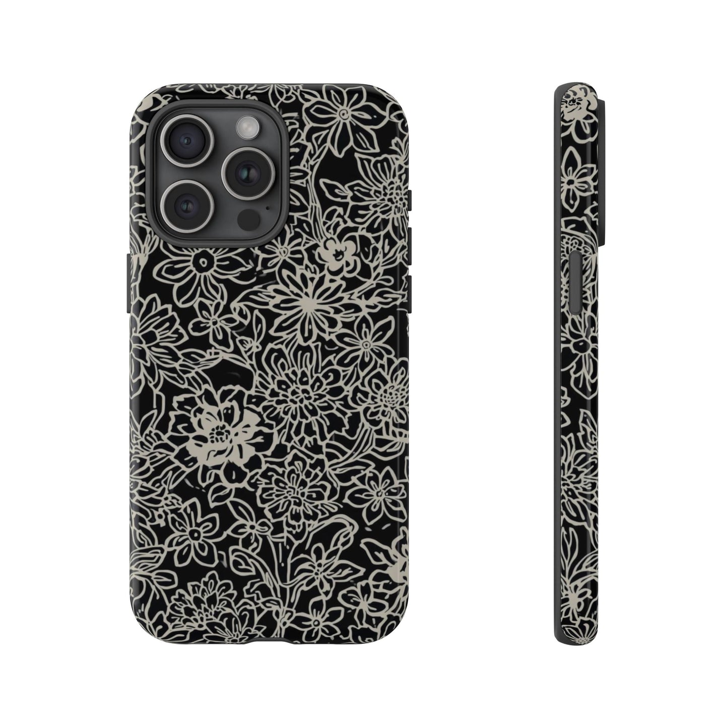 Floral Doodle Tough Phone Case — Black & White Sketch Flower Protective Cover