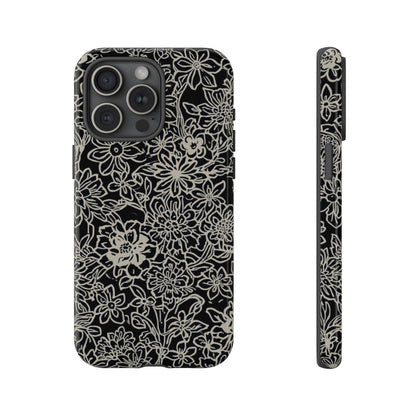 Floral Doodle Tough Phone Case — Black & White Sketch Flower Protective Cover