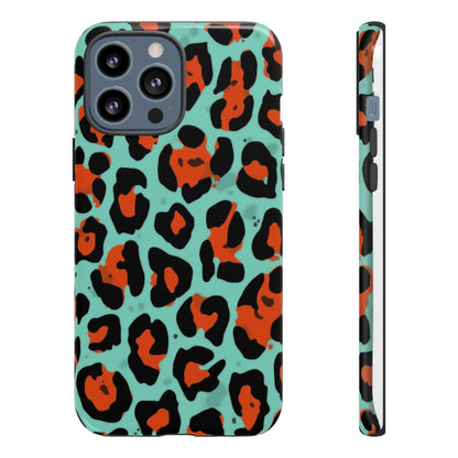 Leopard Print Tough Phone Case — Teal & Rust Protective iPhone Cover