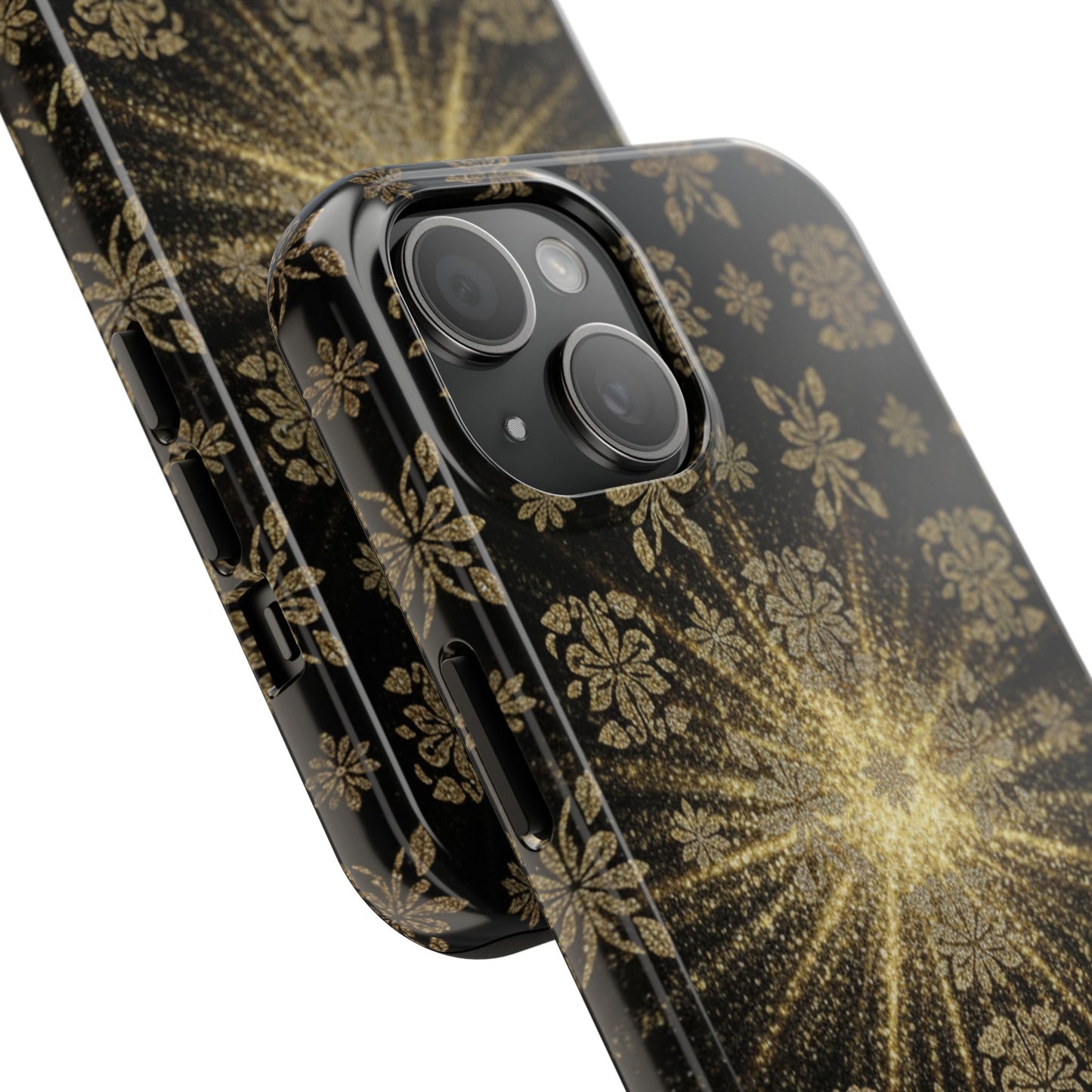 Glitter Burst Tough Phone Case — Black & Gold Floral Protective Cover