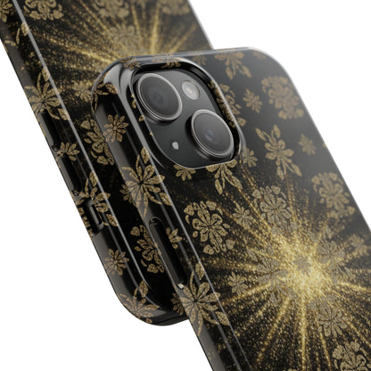 Glitter Burst Tough Phone Case — Black & Gold Floral Protective Cover