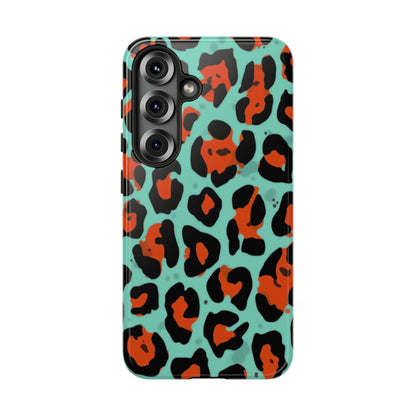 Leopard Print Tough Phone Case — Teal & Rust Protective iPhone Cover