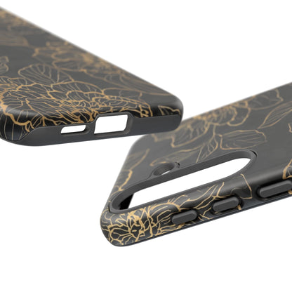 Floral Gold Outline Tough Phone Case – Black Botanical Protective Cover