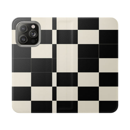 Checkered Flip Phone Case – Black & Cream Retro Grid Wallet Case