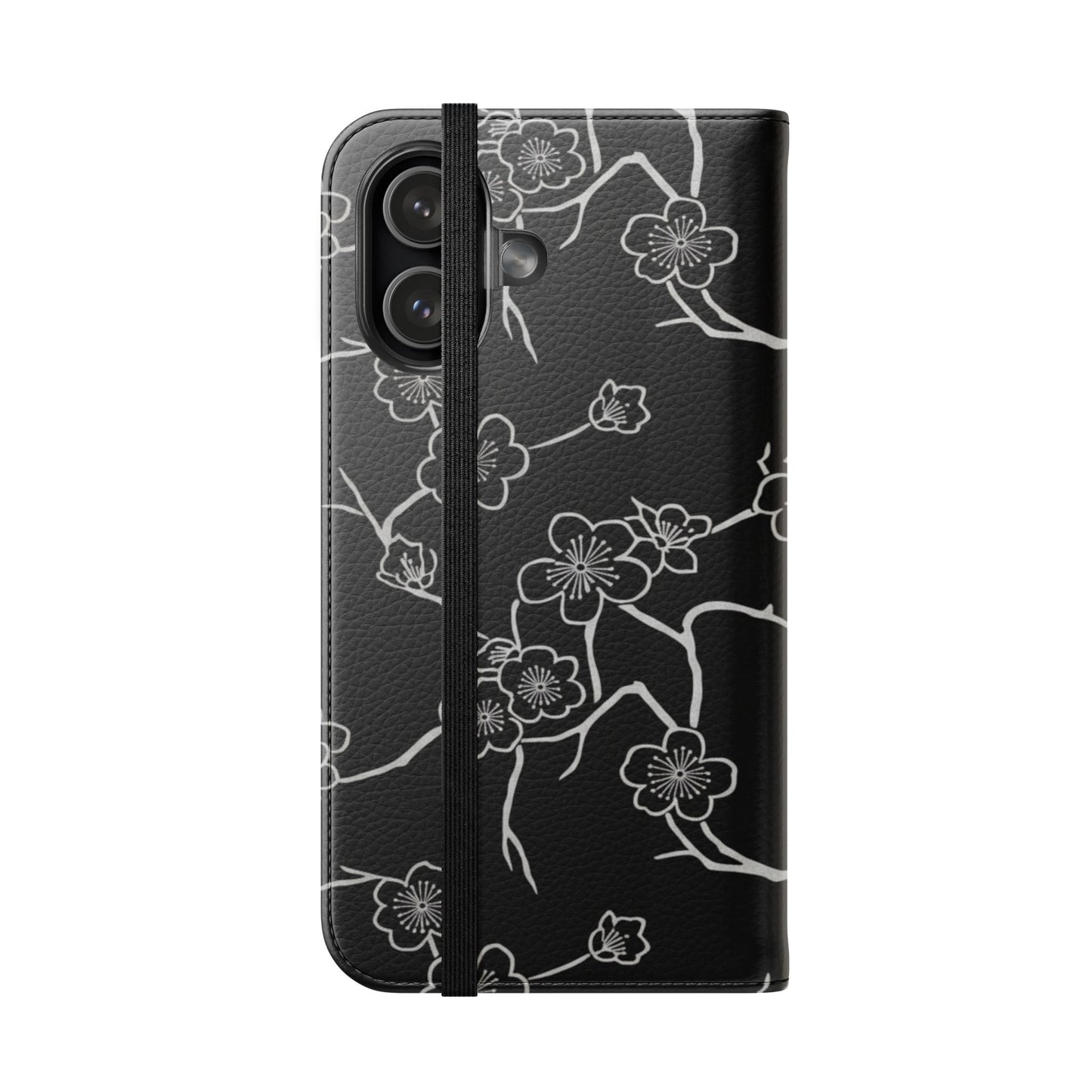 Black Cherry Blossom Flip Phone Case – Floral Wallet Flip Case with Card Slots