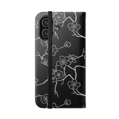 Black Cherry Blossom Flip Phone Case – Floral Wallet Flip Case with Card Slots