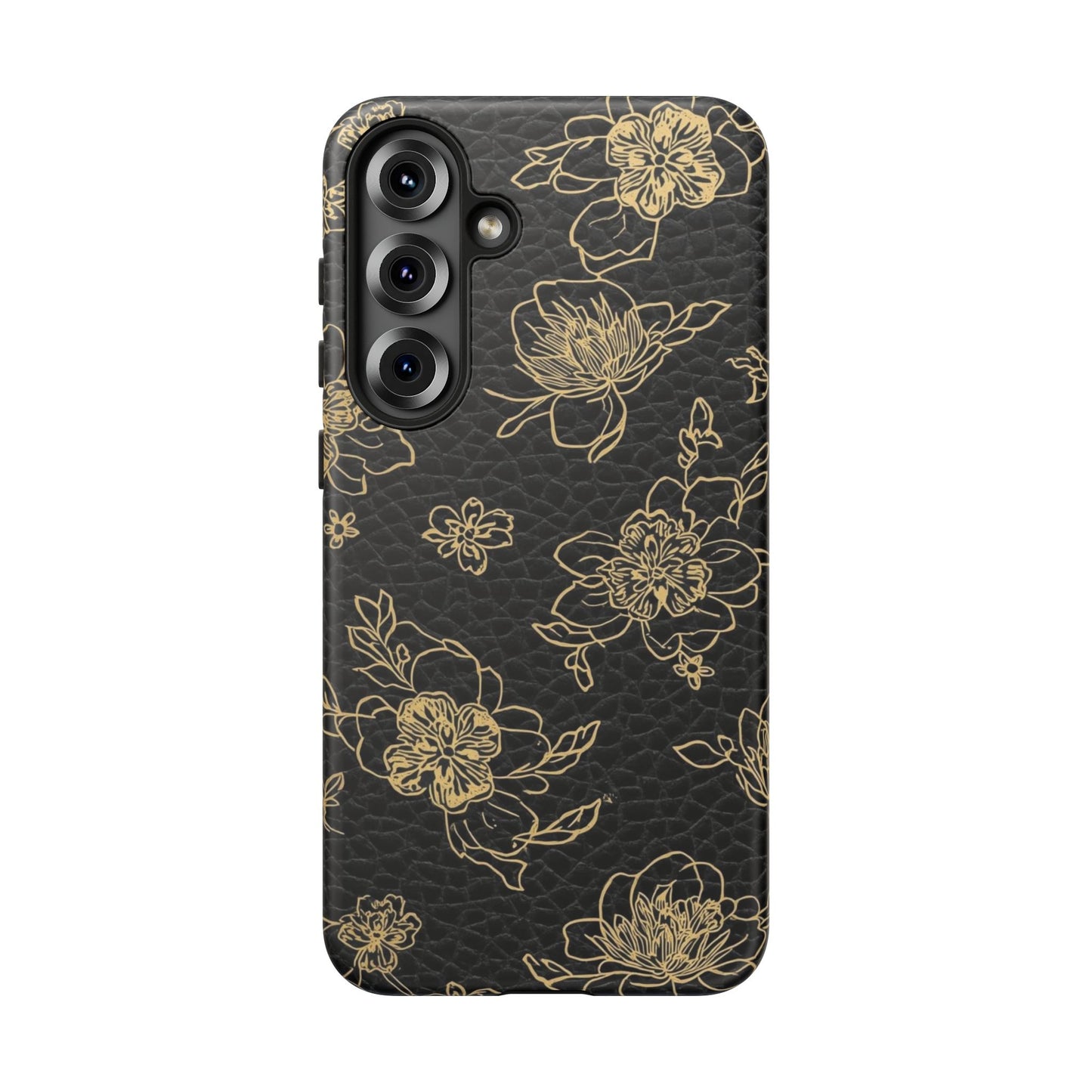 Floral Leather Phone Case — Gold Outline Flowers on Black Tough Case