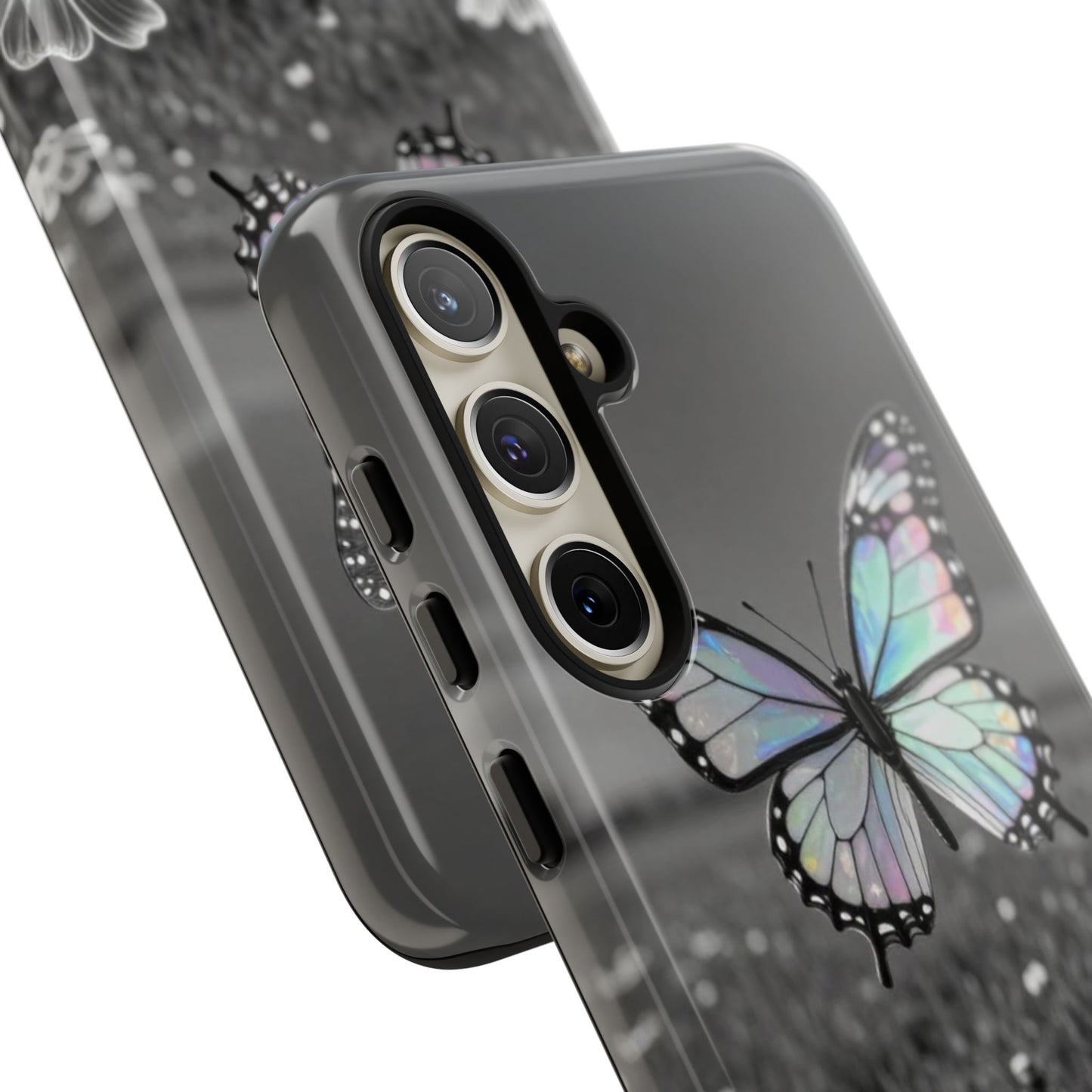 Butterfly Field Tough Phone Case — Pastel Holographic Butterfly on Black & White Floral Background