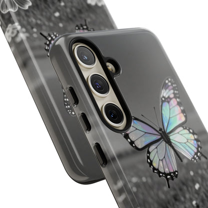 Butterfly Field Tough Phone Case — Pastel Holographic Butterfly on Black & White Floral Background