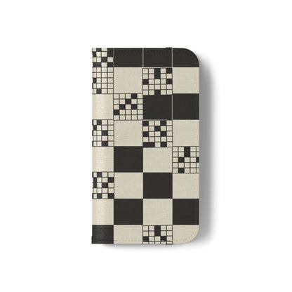 Checkerboard Flip Phone Case – Retro Black & Cream Geometric Wallet Case