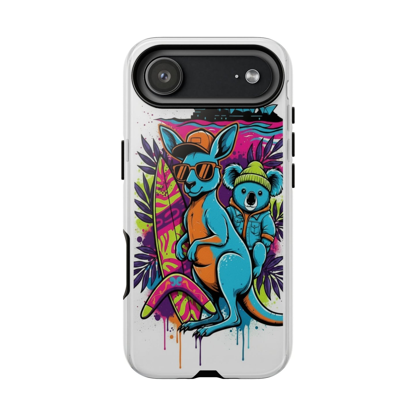 Kangaroo & Koala Surf Phone Case — Retro Neon Beach Art Tough Case
