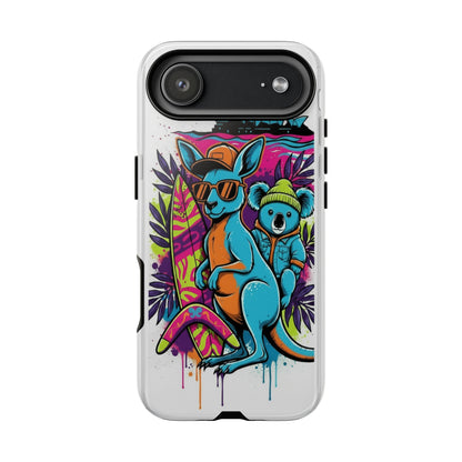 Kangaroo & Koala Surf Phone Case — Retro Neon Beach Art Tough Case