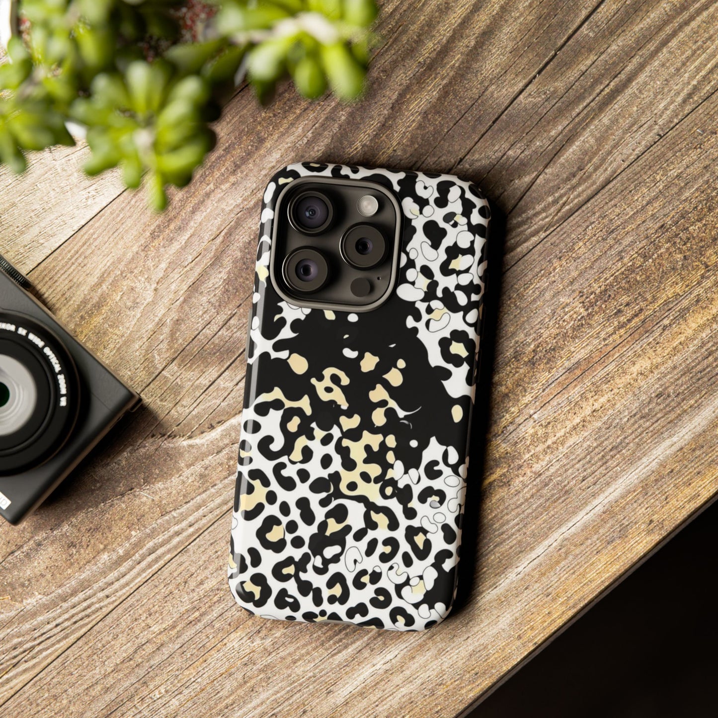 Leopard Splash Tough Phone Case — Black & Cream Animal Print Protective Cover