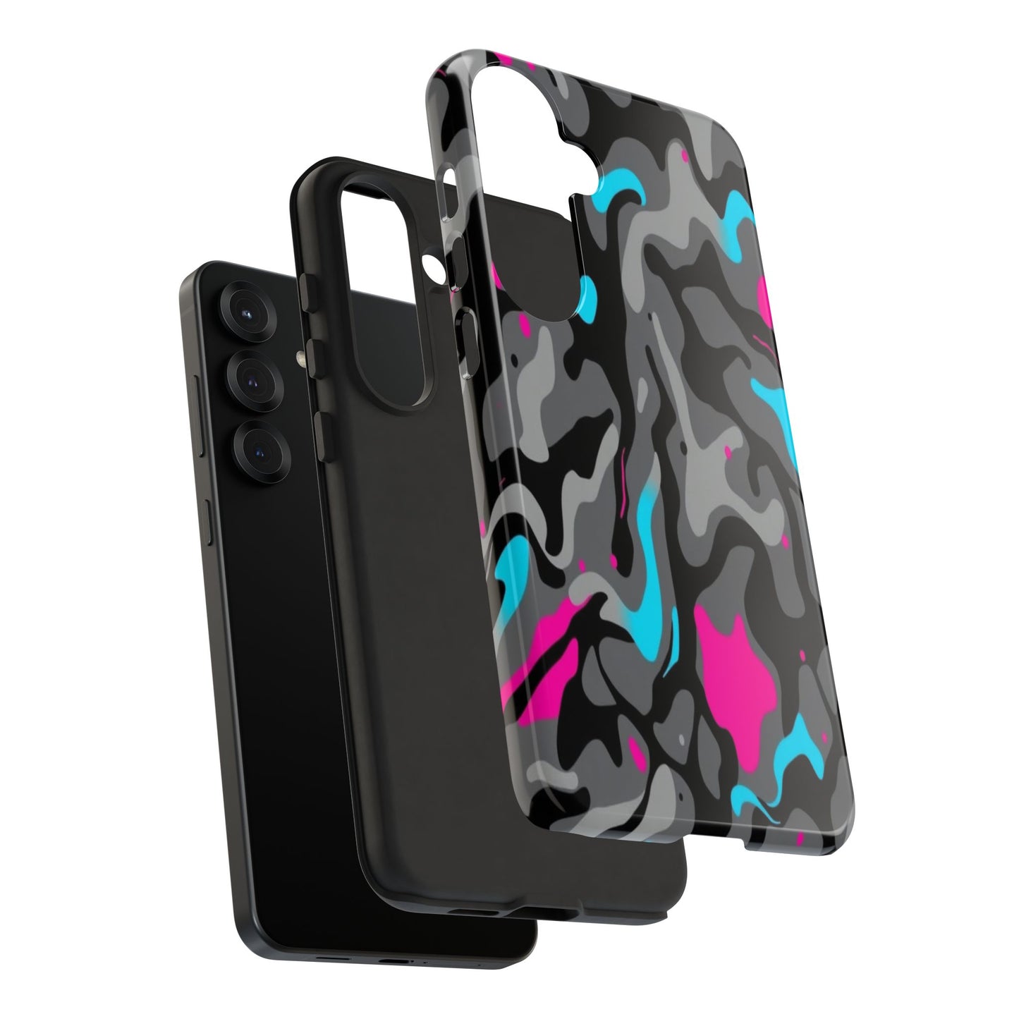 Camouflage Phone Case — Gray Camo with Neon Pink & Cyan Accent Tough Protective Cover