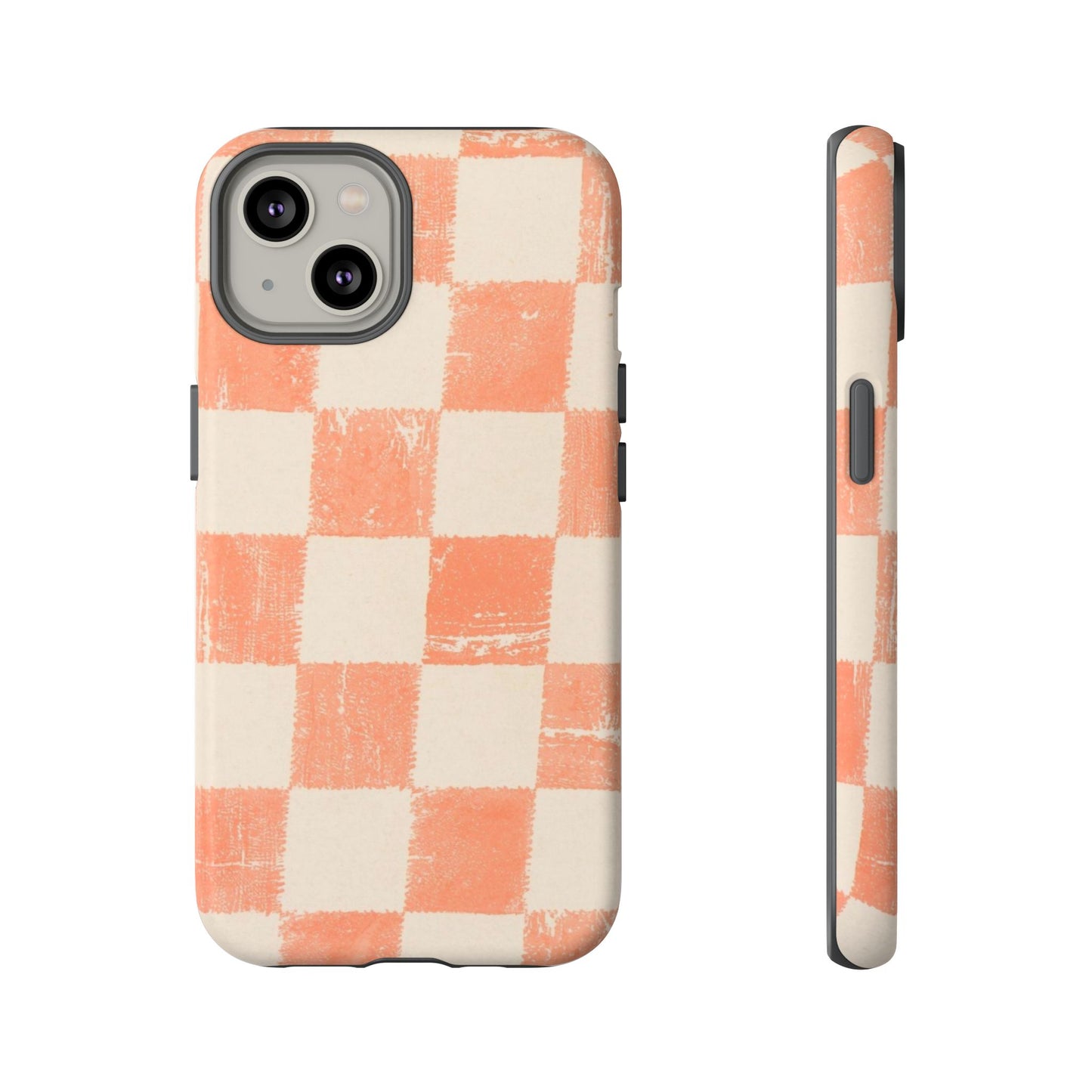 Peach Checkerboard Tough Phone Case — Retro Distressed Grid Design