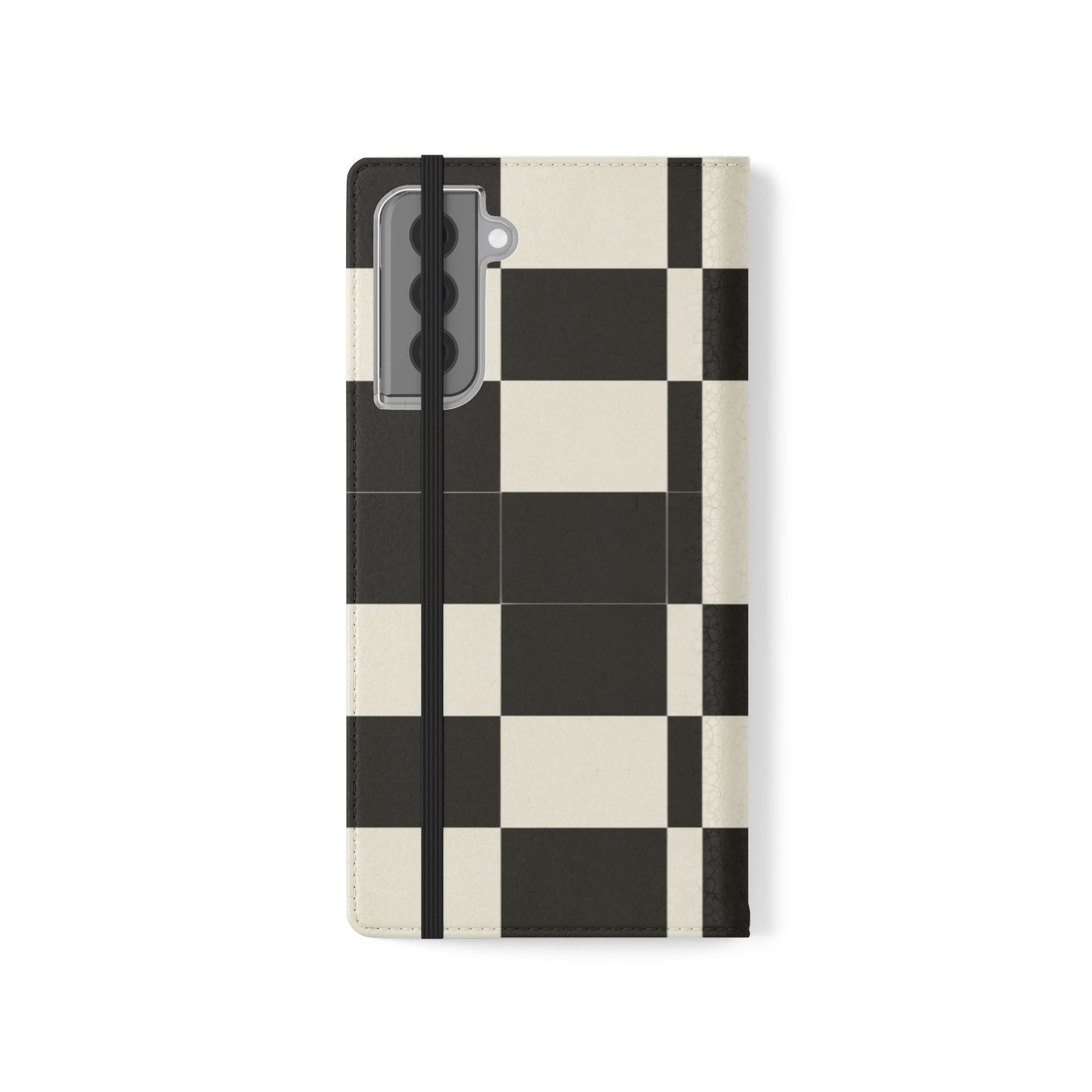 Checkered Flip Phone Case – Black & Cream Retro Grid Wallet Case