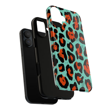Leopard Print Tough Phone Case — Teal & Rust Protective iPhone Cover