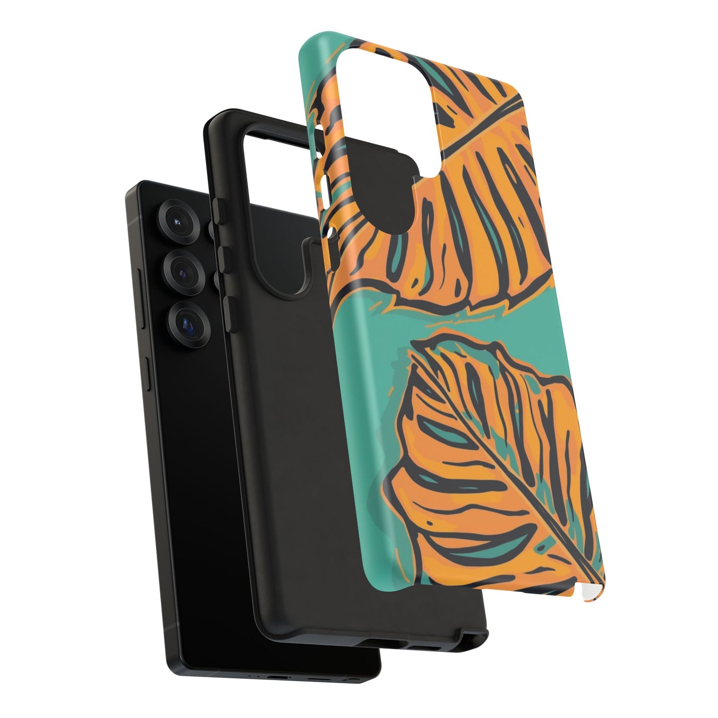 Tropical Leaf Tough Phone Case — Orange Monstera Design on Teal
